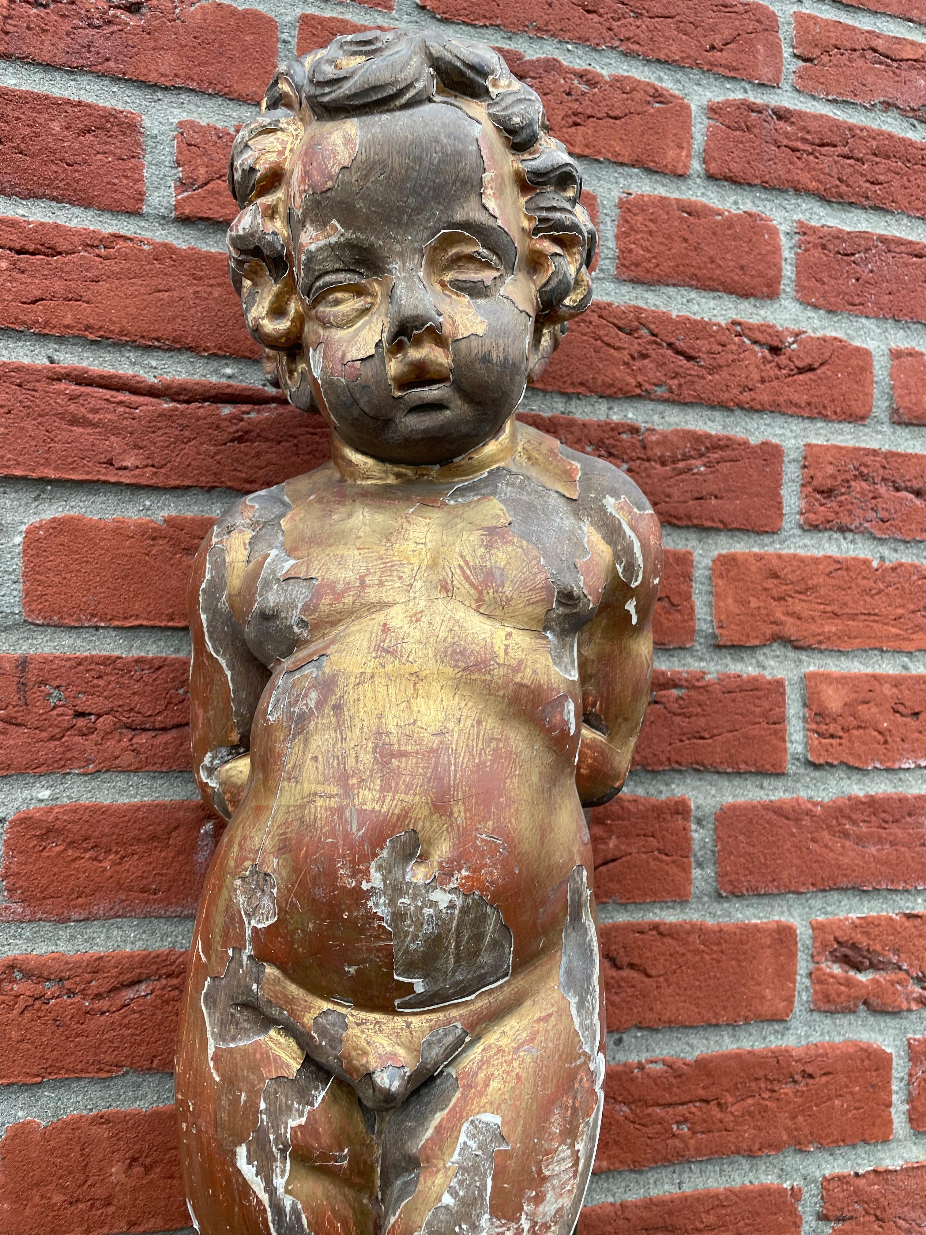 Baroque Revival Pair of 1800s Hand Carved & Gilt Solid Oak Wall Cherubs / Putti In Good Condition For Sale In Lisse, NL