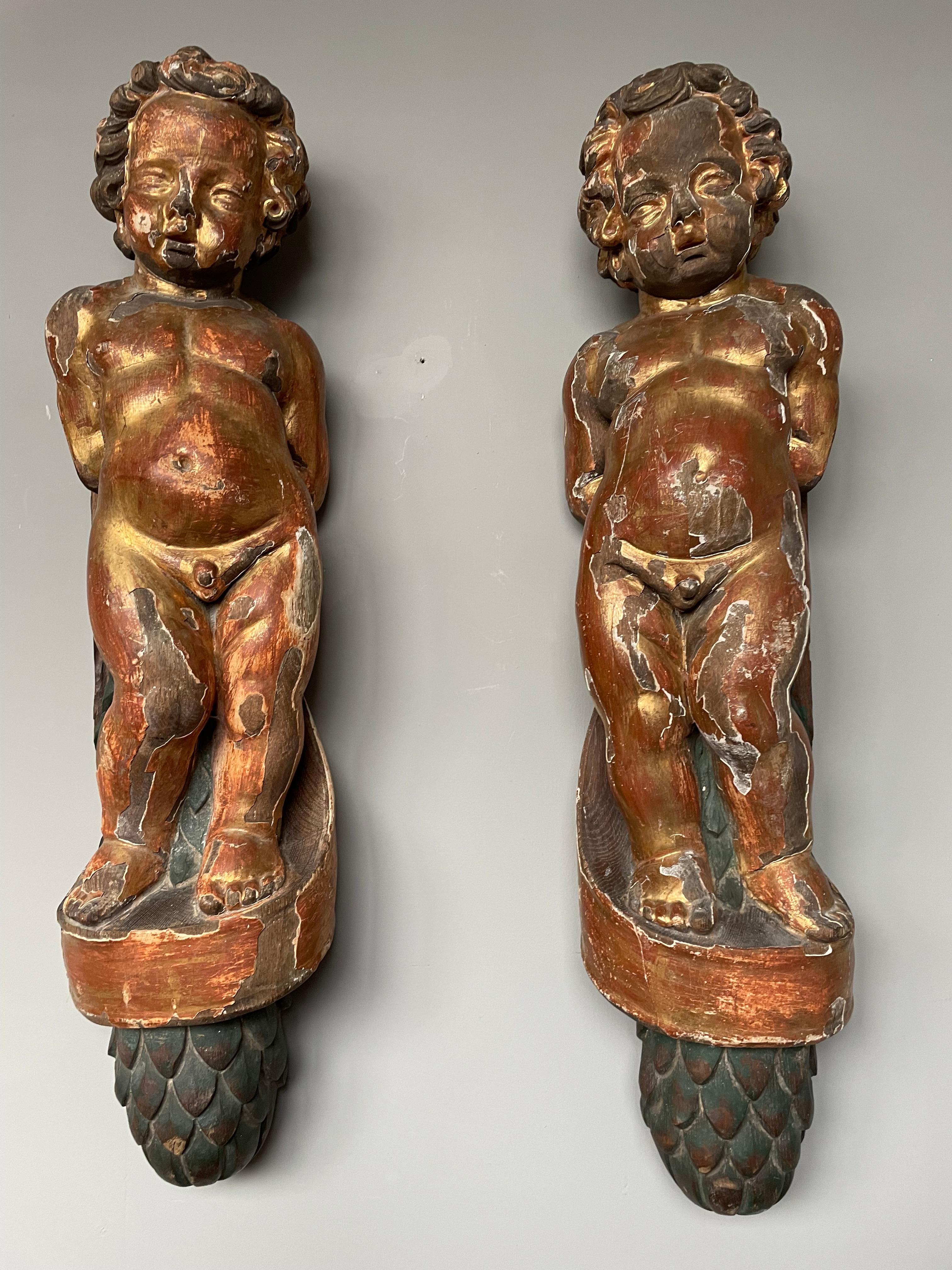19th Century Baroque Revival Pair of 1800s Hand Carved & Gilt Solid Oak Wall Cherubs / Putti For Sale