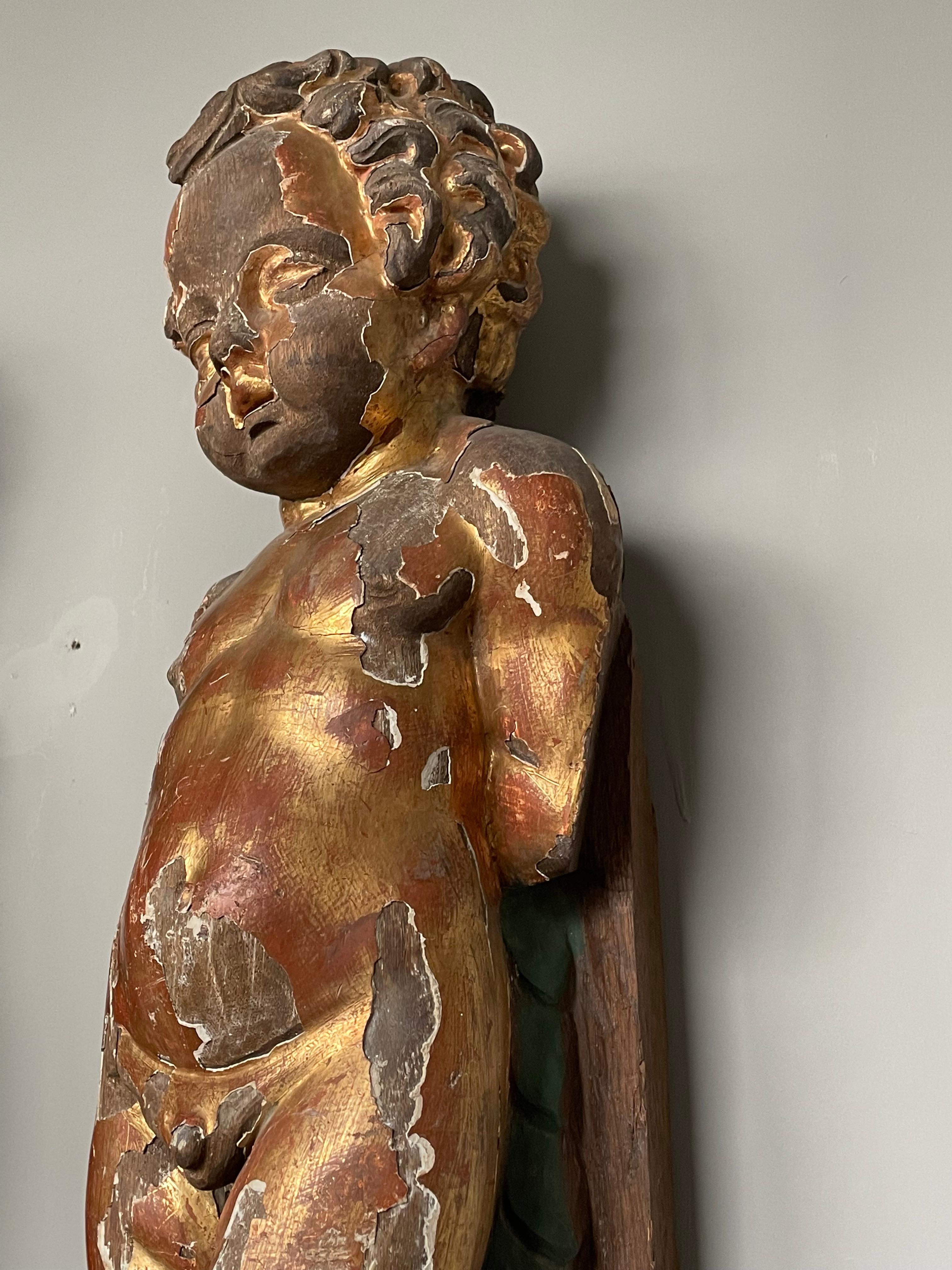 Brass Baroque Revival Pair of 1800s Hand Carved & Gilt Solid Oak Wall Cherubs / Putti For Sale