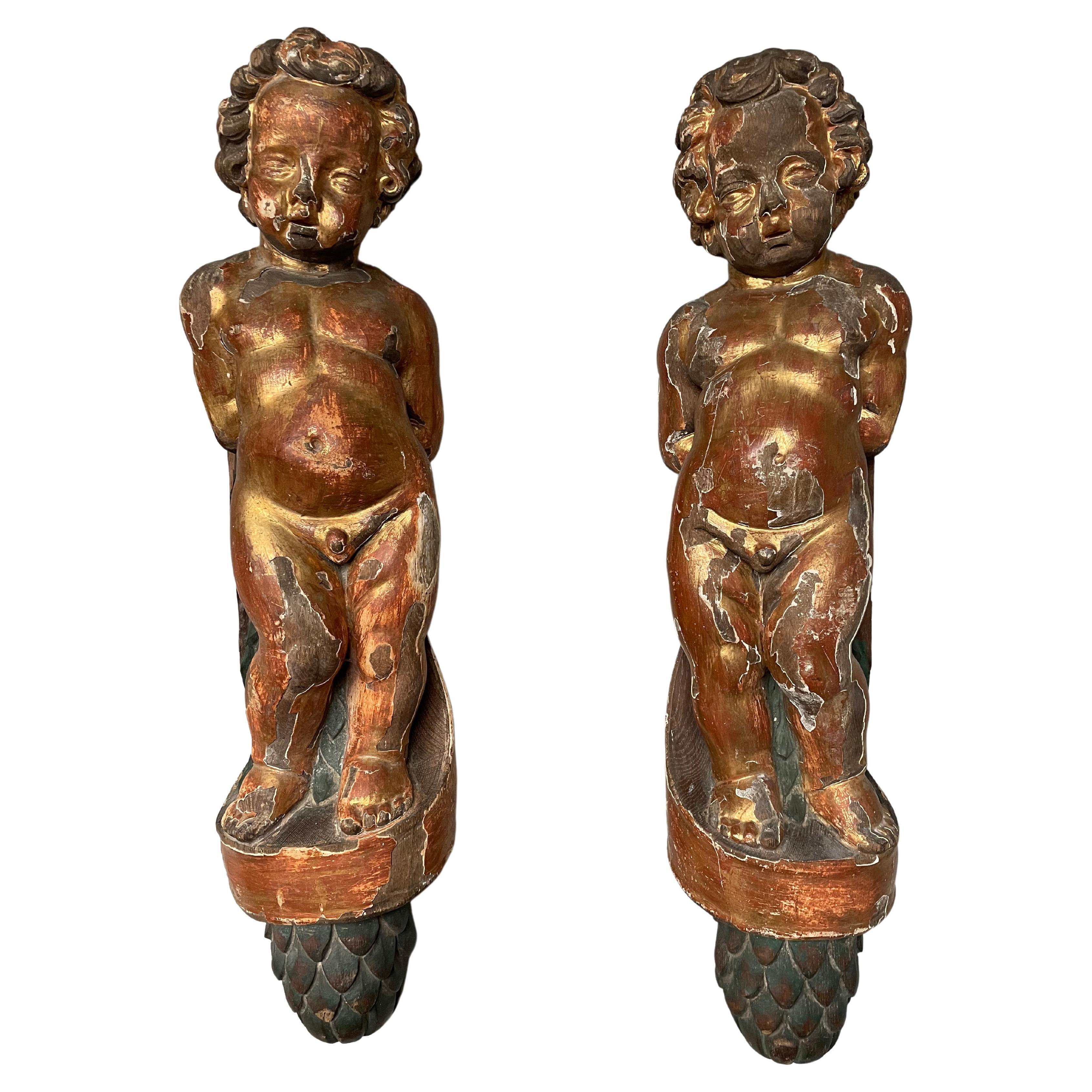 Baroque Revival Pair of 1800s Hand Carved & Gilt Solid Oak Wall Cherubs / Putti