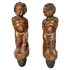 Antique Baroque Revival Pair of 1800s Hand Carved & Gilt Solid Oak Wall Cherubs / Putti