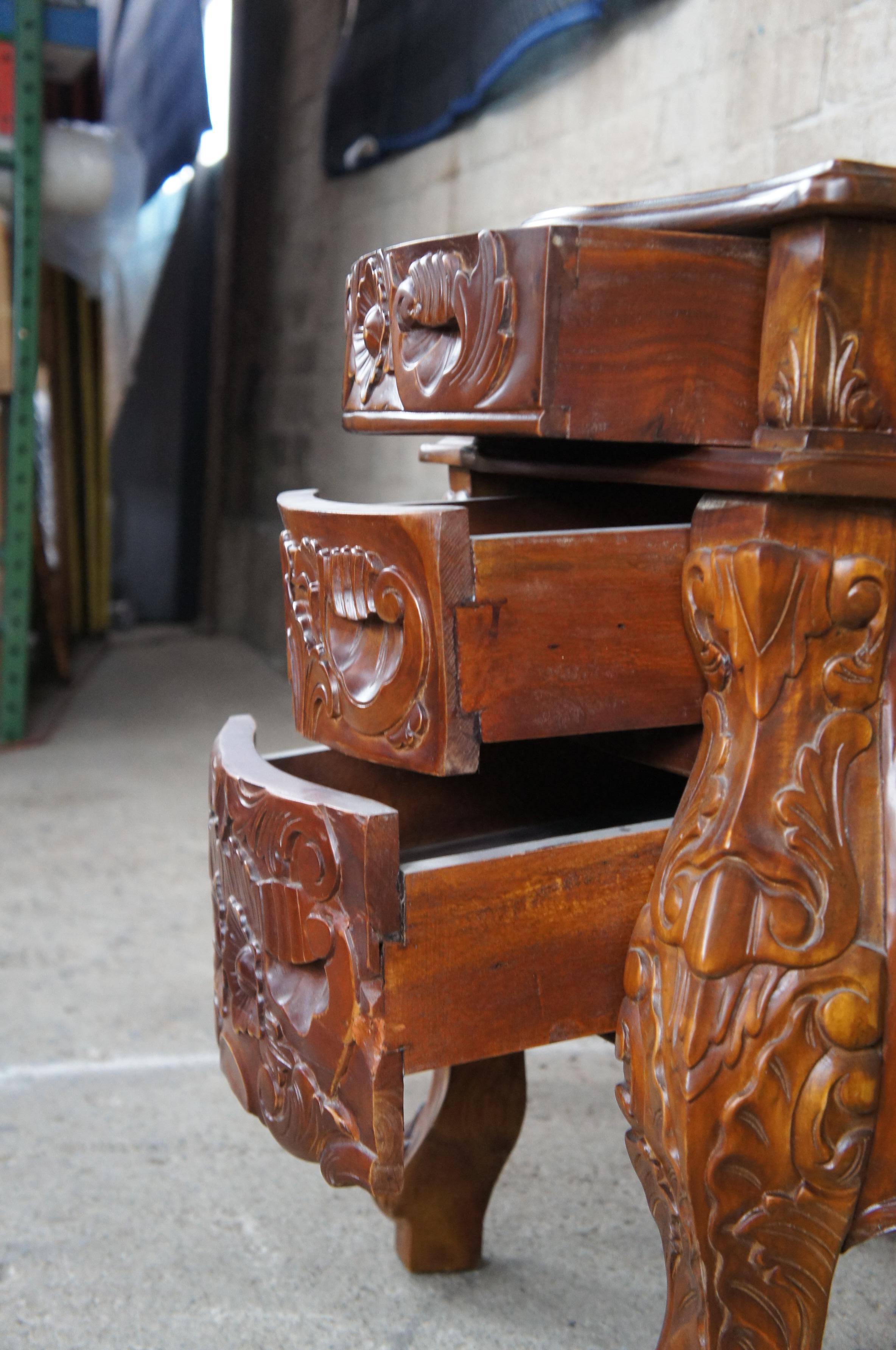 20th Century Baroque Revival Serpentine Mahogany Carved Nightstand Side Accent Table Rococo