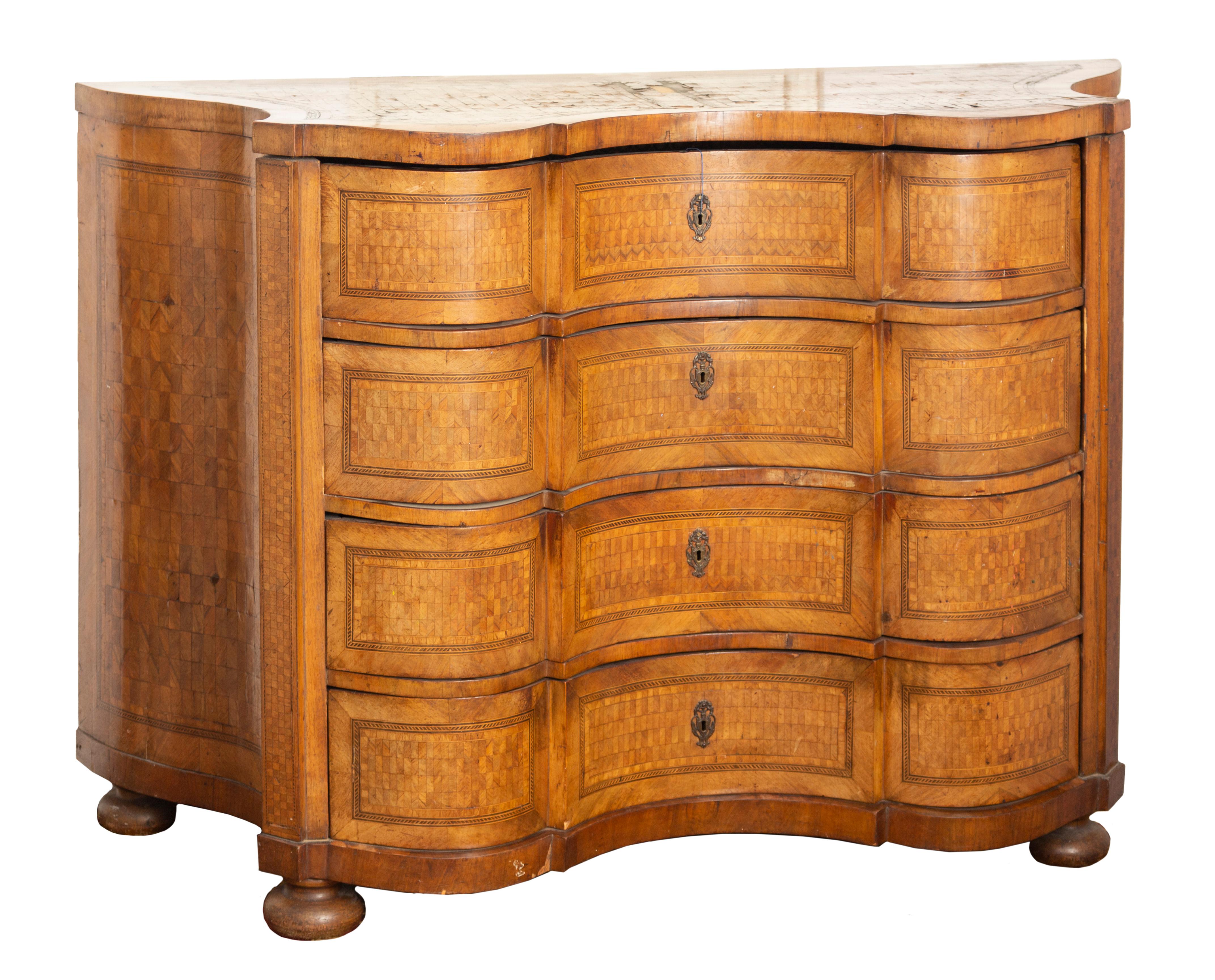 Barroque style commode with drawers.
Manufactured arround 1900s at the Debreziner workshop in Hungary.
The countless fine inlay details on curved surfaces suggest, that the commode was a diploma piece of a carpentry master.
The main body is pine