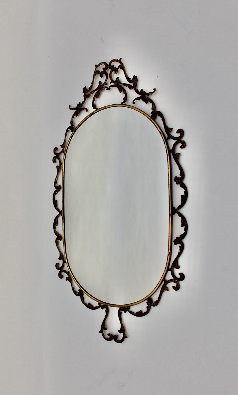 Italian Baroque Revival Style Vintage Oval Wall Mirror Brass 1960s Italy For Sale