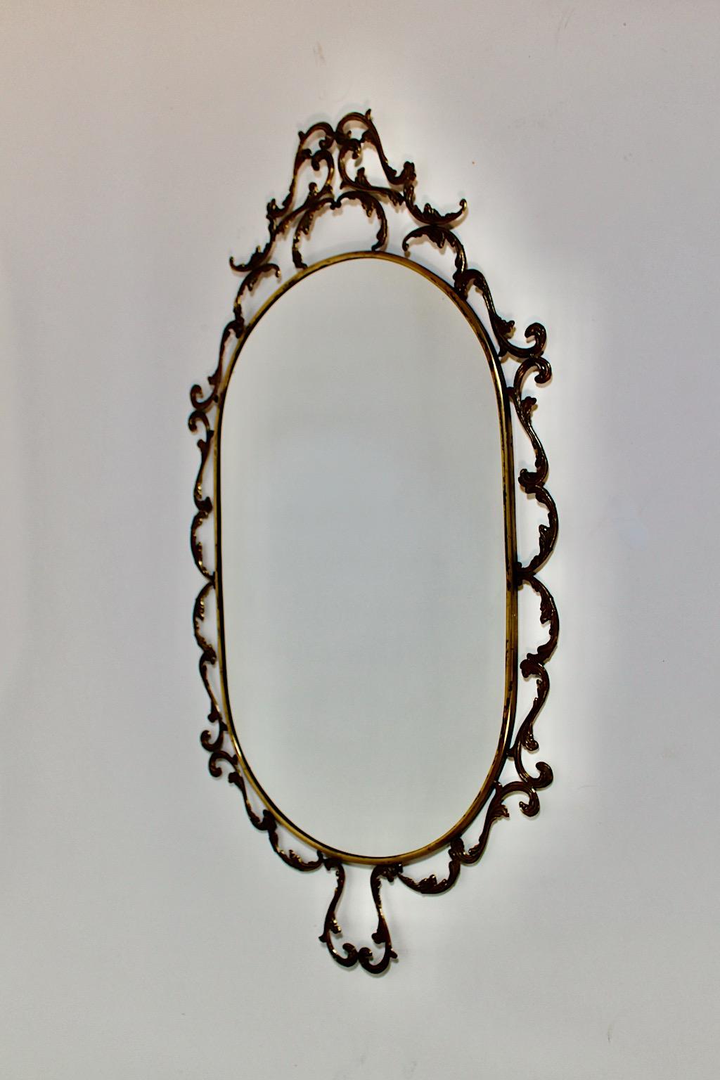 Baroque Revival Style Vintage Oval Wall Mirror Brass 1960s Italy For Sale 1