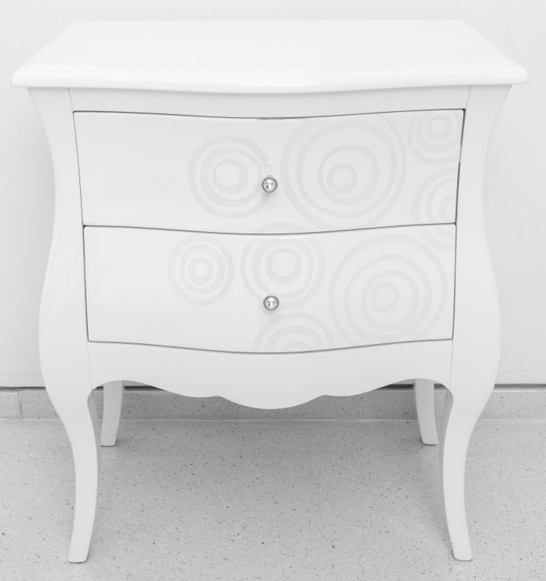 Baroque revival two-drawer white lacquered spiral motifs petit commode bombe end tables and glass pull hardware. 24