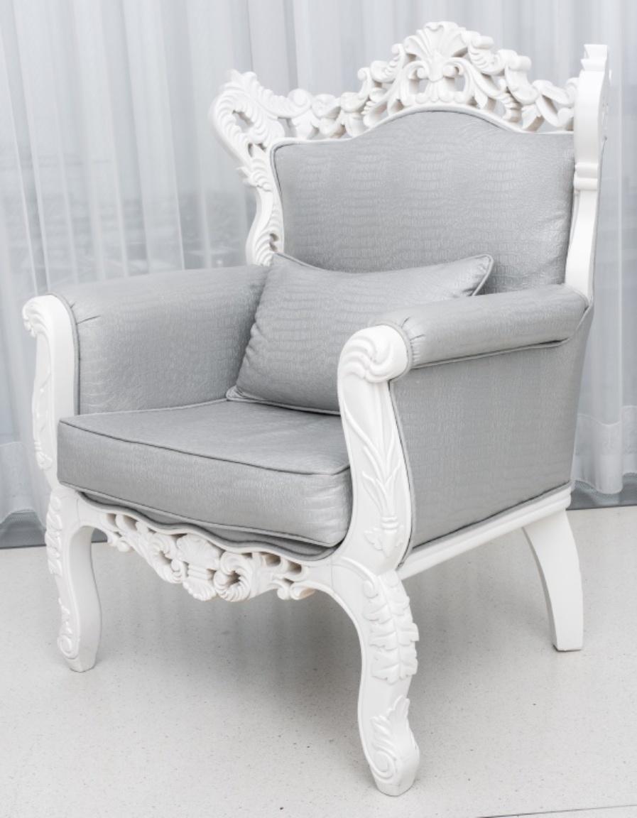 Contemporary Baroque Revival White Faux Alligator Skin Armchair For Sale