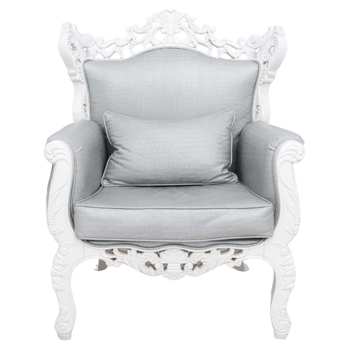 Baroque Revival White Faux Alligator Skin Armchair For Sale