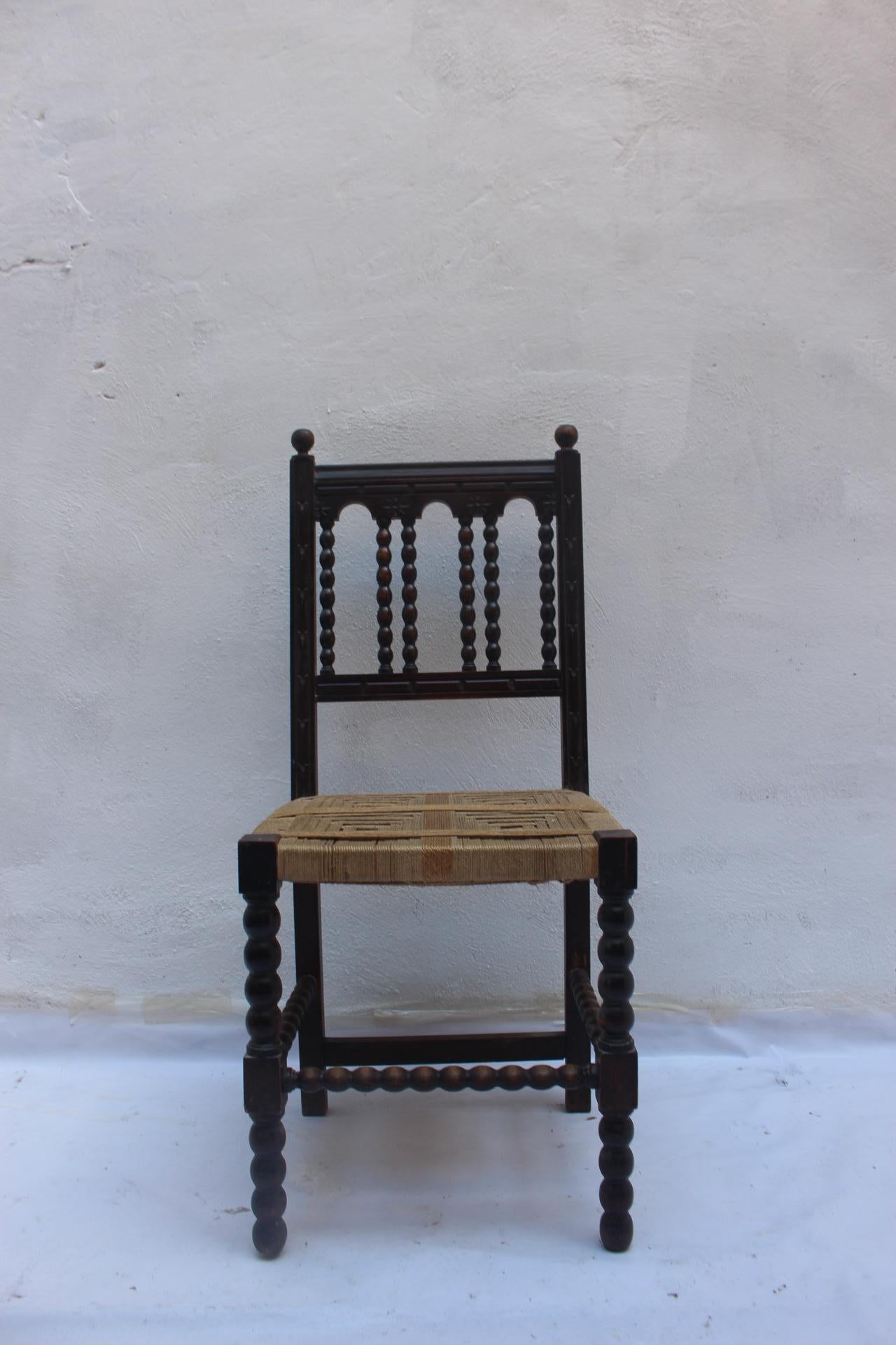 Baroque Revival Wood and Woven Dining Chair Made in Spain, 19th Century 4