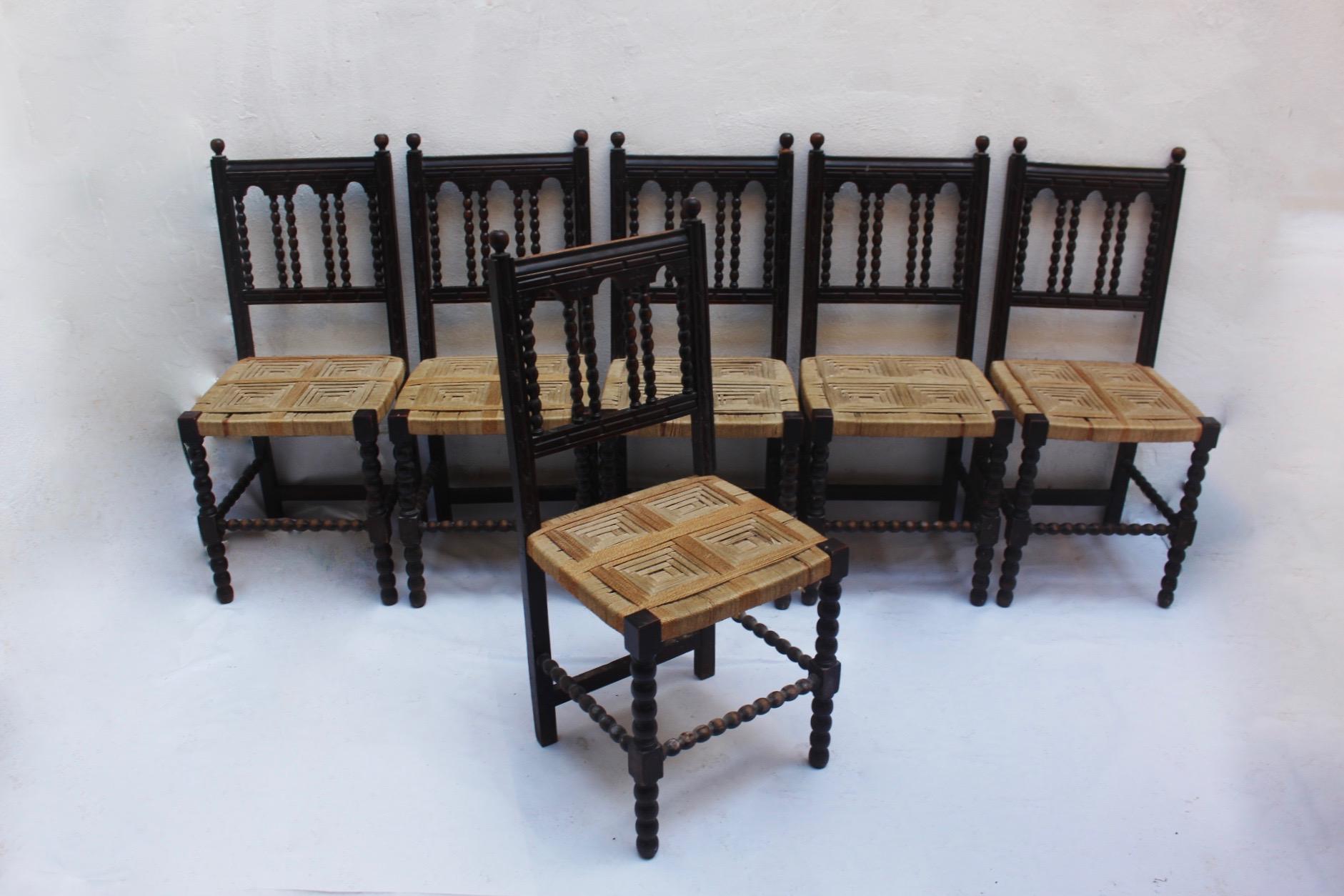 Spanish Baroque Revival Wood and Woven Dining Chair Made in Spain, 19th Century