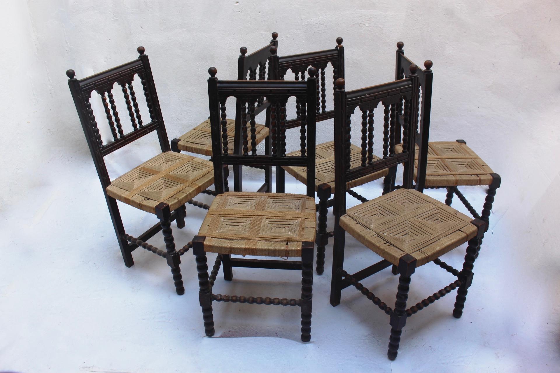 Hand-Carved Baroque Revival Wood and Woven Dining Chair Made in Spain, 19th Century