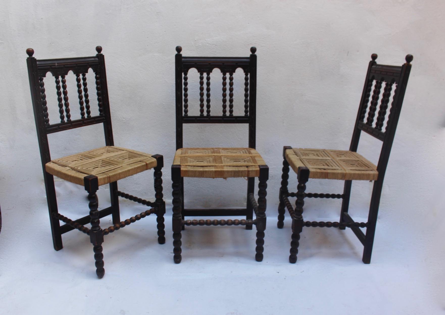 Baroque Revival Wood and Woven Dining Chair Made in Spain, 19th Century 1