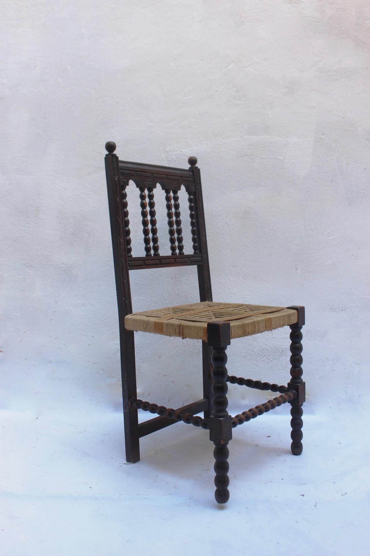 Baroque Revival Wood and Woven Dining Chair Made in Spain, 19th Century 3