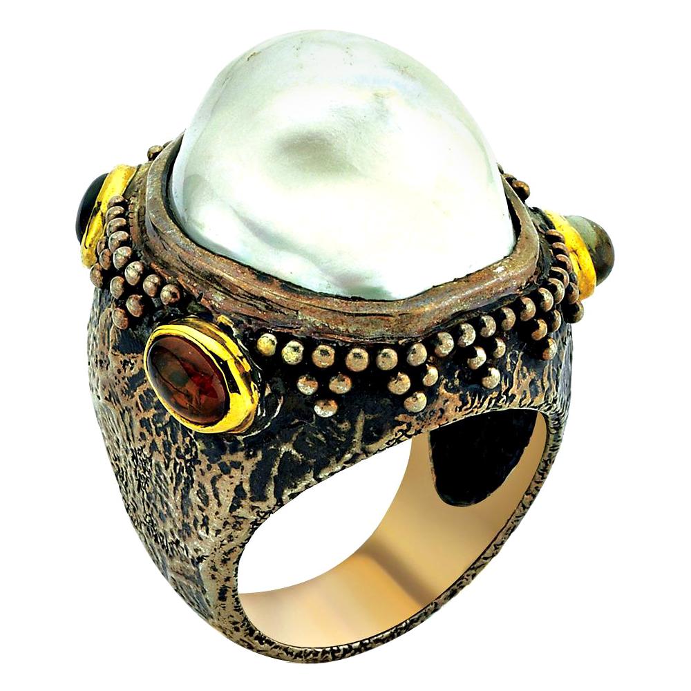 Silver and 18k Gold  Royal Ring with  Baroque Pearl and Ruby For Sale