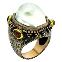 Silver and 18k Gold  Royal Ring with  Baroque Pearl and Ruby