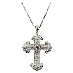 Baroque Ruby & Diamond Cross Pendant Necklace in 18K White Gold
