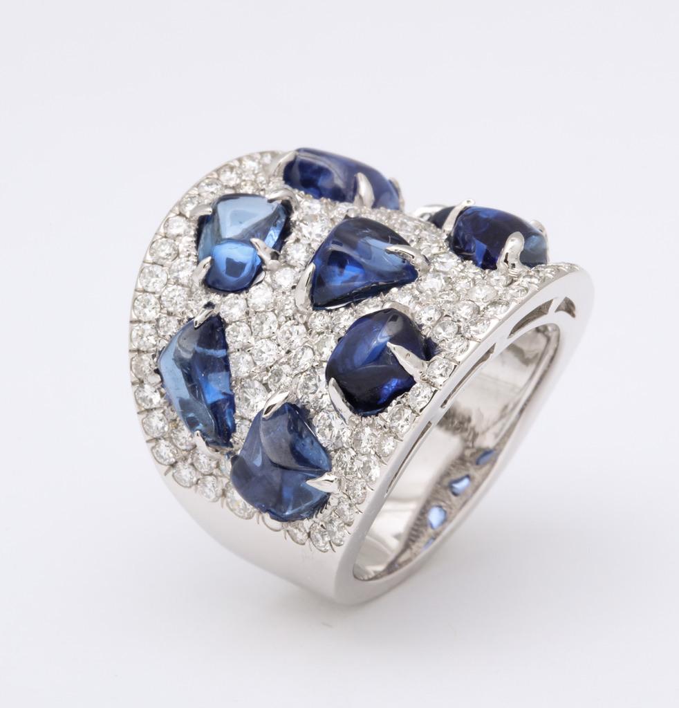 Baroque Sapphire Diamond White Gold Ring In New Condition In Bal Harbour, FL