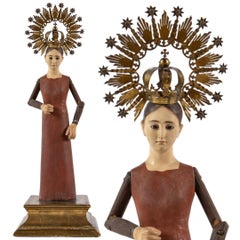 Sculpture baroque de la Vierge avec une couronne en bois, Espagne