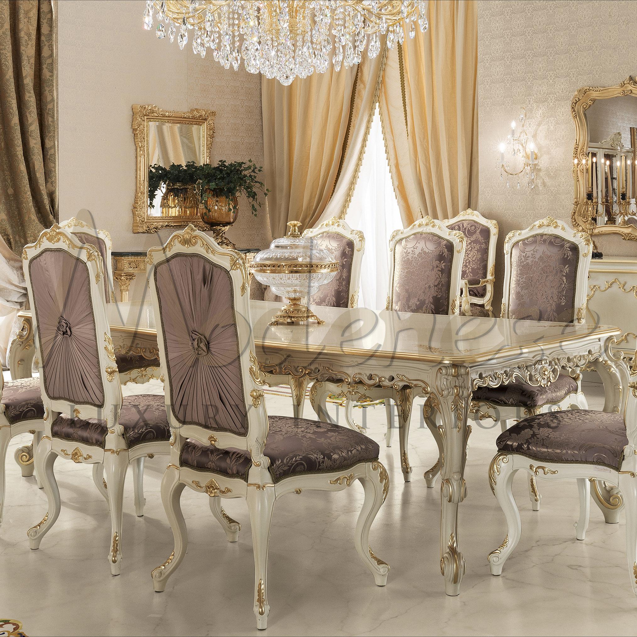 Majestic dining side chair by Modenese Gastone with curved baroque legs and precious upholstery. Premium lisht purple satin fabric with leaves pattern and gold leaf appliqued details on a pure white finish, giving a sense of austerithy, power and