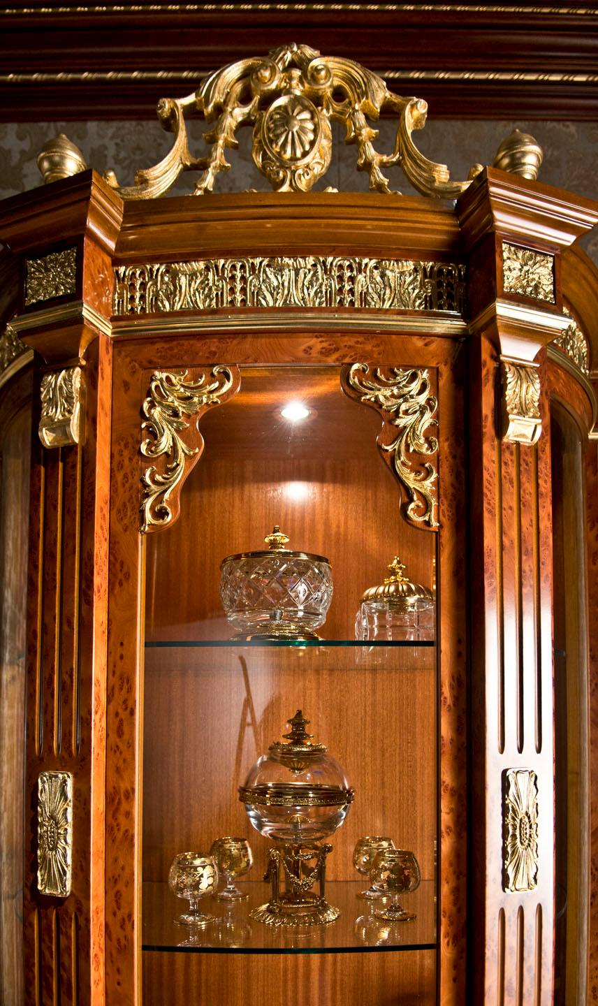 Contemporary Baroque Side Vitrine with Veneer and Gold Leaf Details by Modenese Luxury For Sale