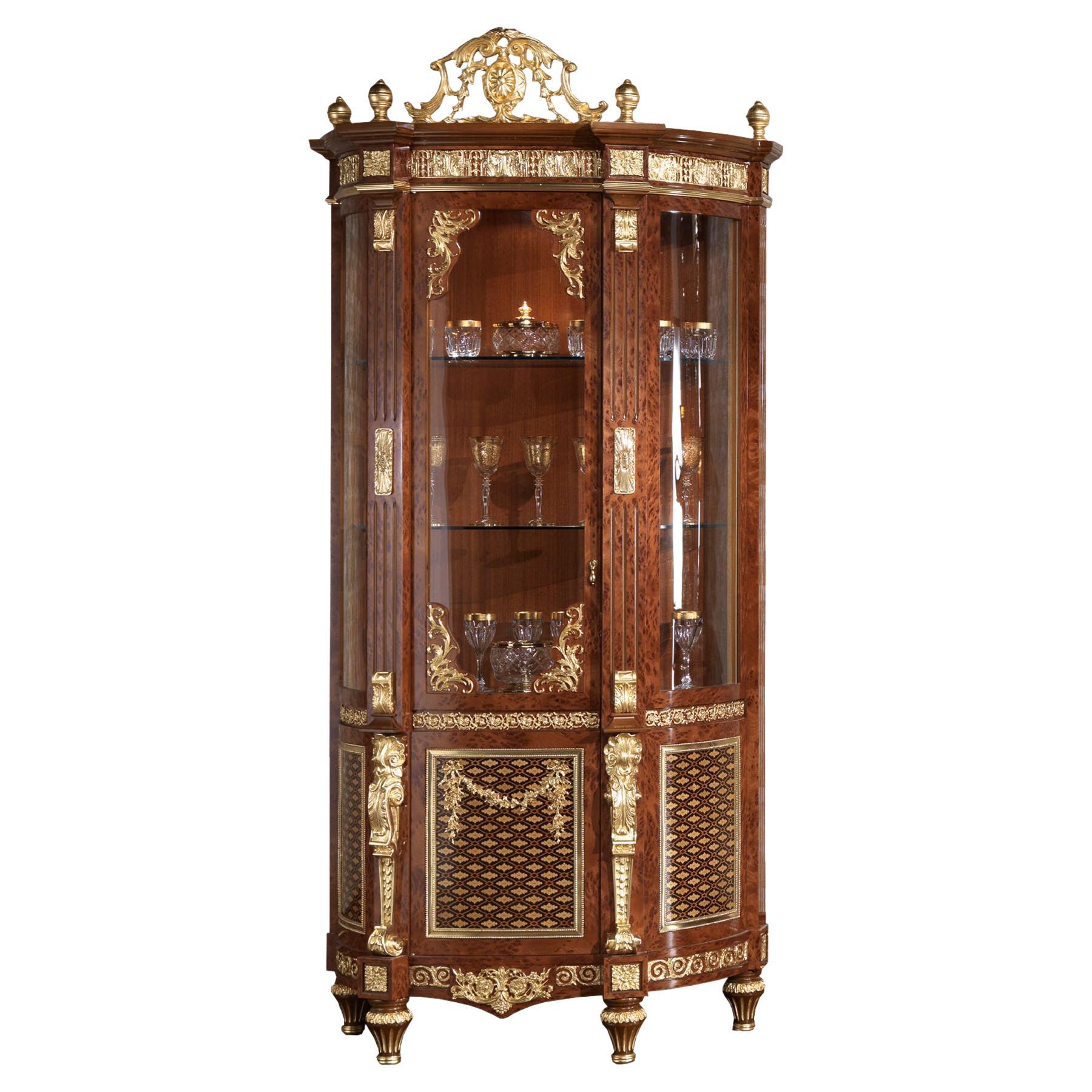 Baroque Side Vitrine with Veneer and Gold Leaf Details by Modenese Luxury For Sale