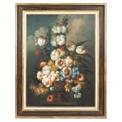 Baroque signed oil painting of vase with flowers, Belgium 1960