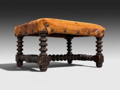 Baroque, Small Footstool, Leather, Turned Walnut, 19th c.