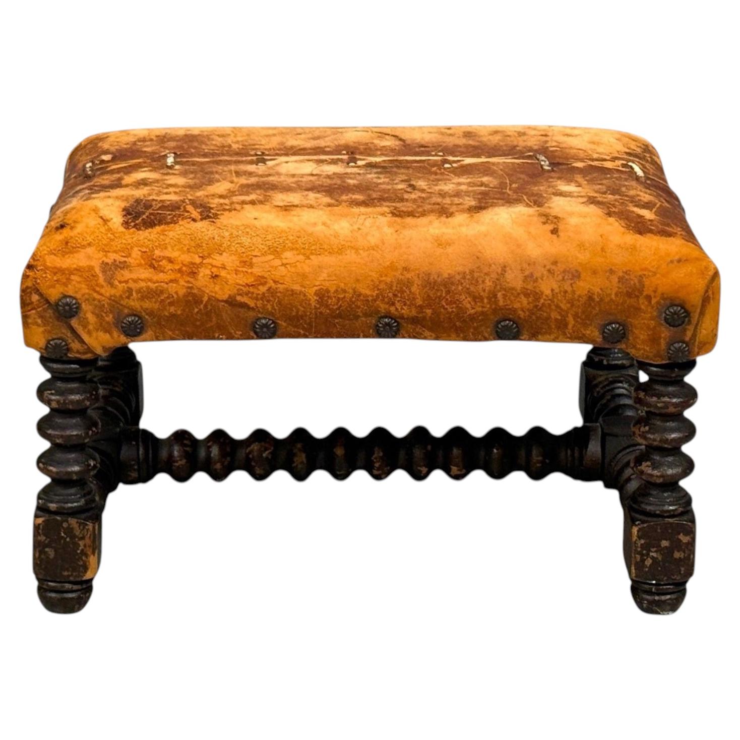 Baroque, Small Footstool, Leather, Turned Walnut, 19th c.