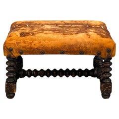 Baroque, Small Footstool, Leather, Turned Walnut, 19th c.