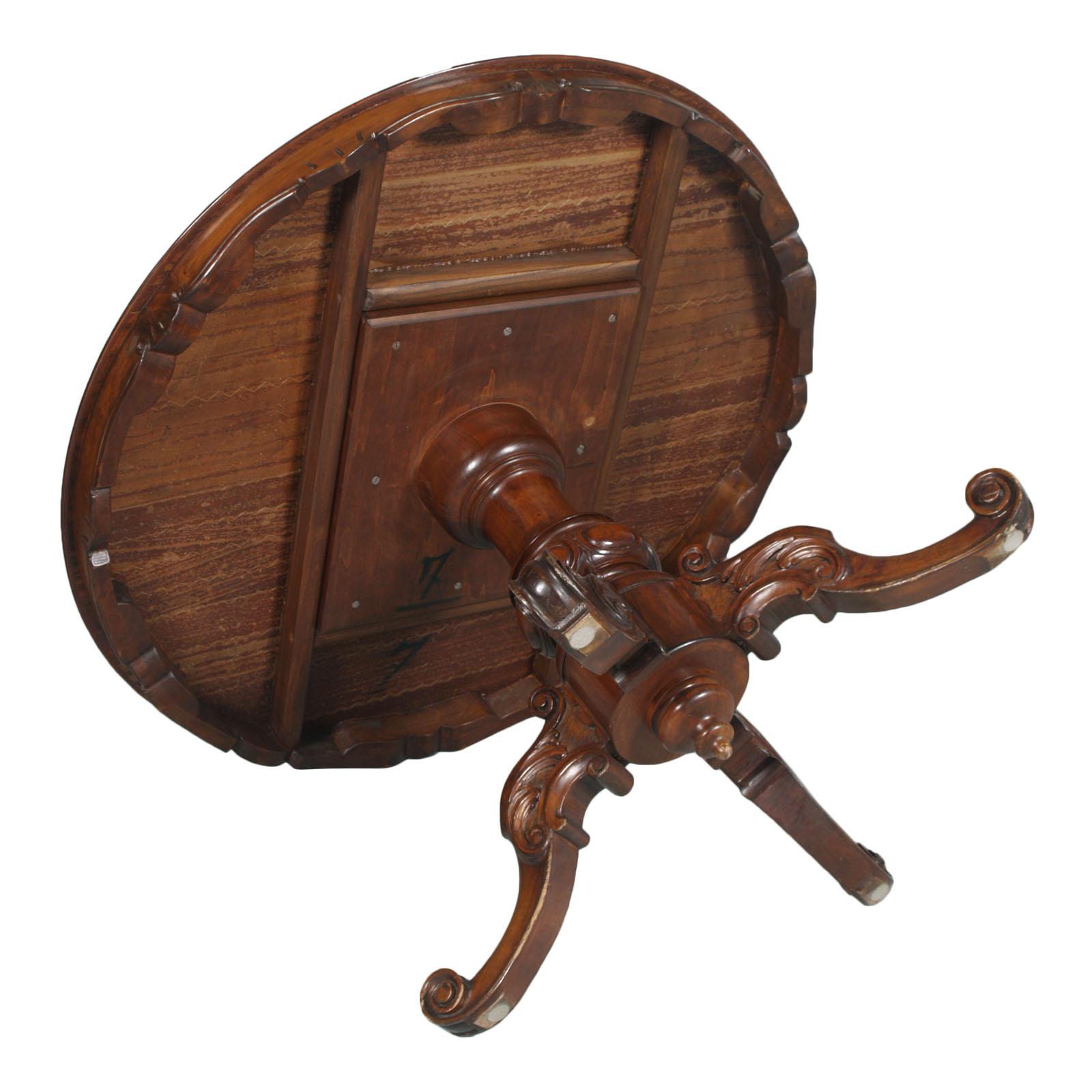 Table ronde baroque Sorrento 6 chaises, en noyer incrusté et sculpté ciré poli en vente 4