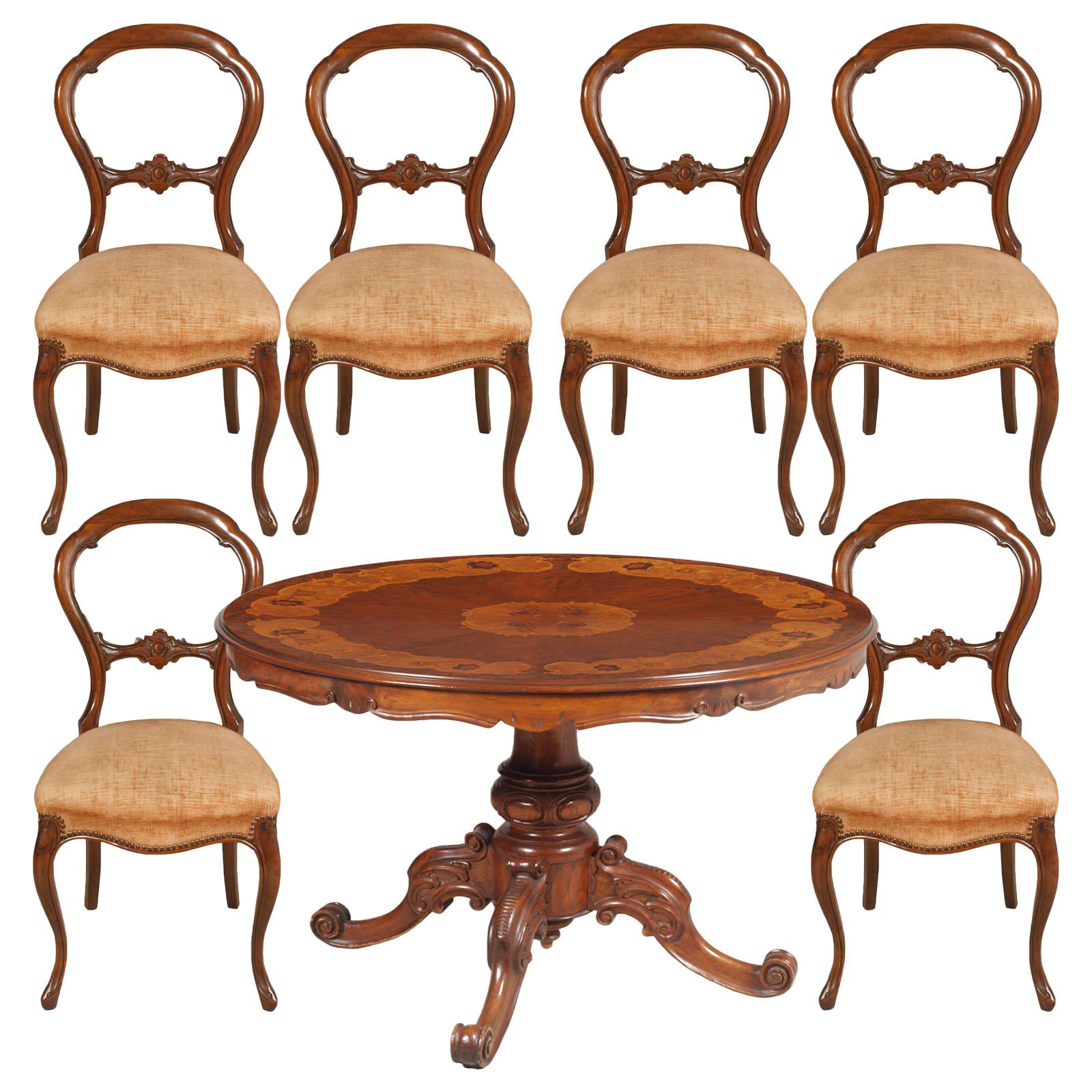 Table ronde baroque Sorrento 6 chaises, en noyer incrusté et sculpté ciré poli