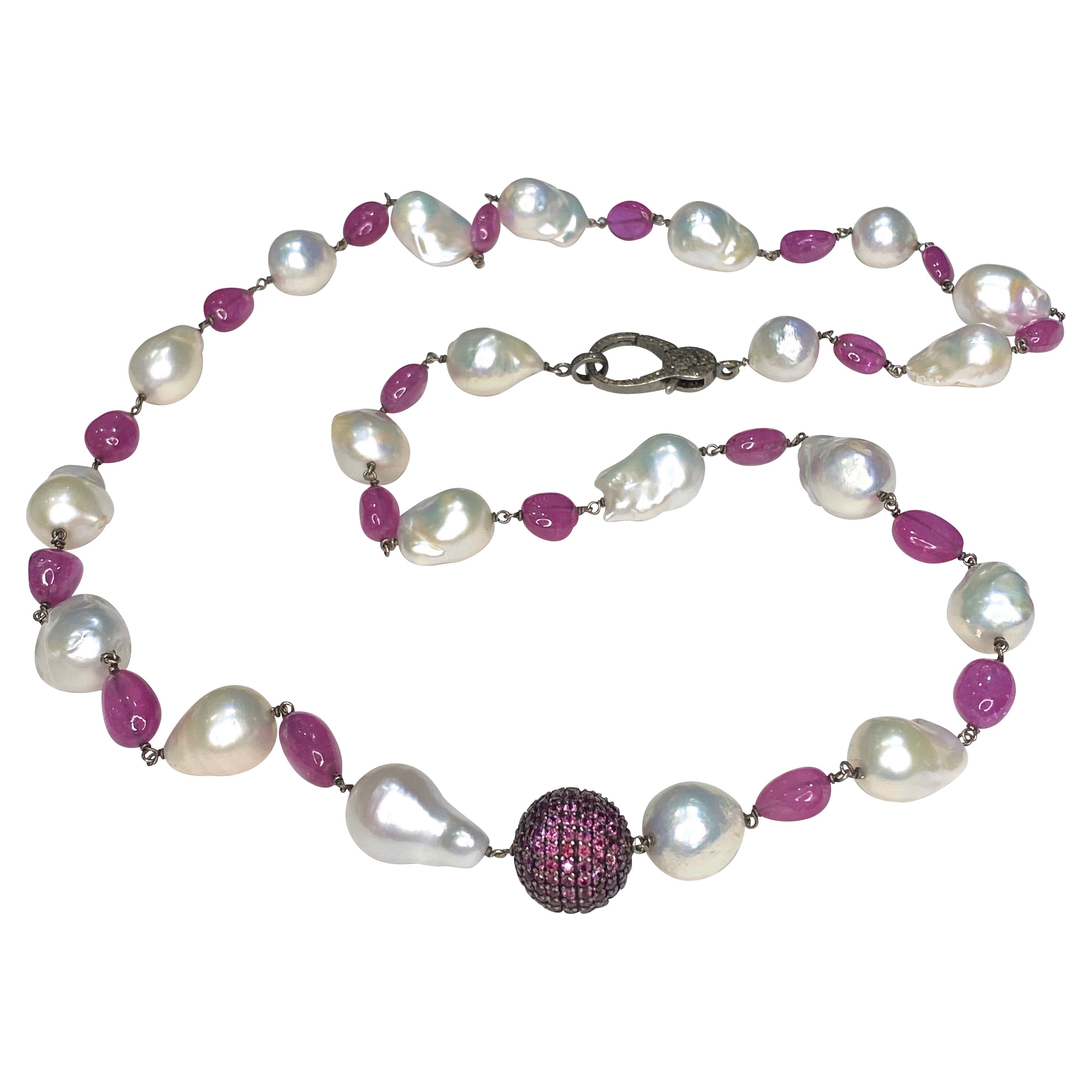 Baroque South Sea and FW Pearl Necklace with Pink Sapphires and Diamond Clasp For Sale
