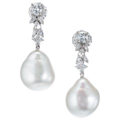 Baroque South Sea Cultured Pearl Diamond White Gold Dangle Earrings