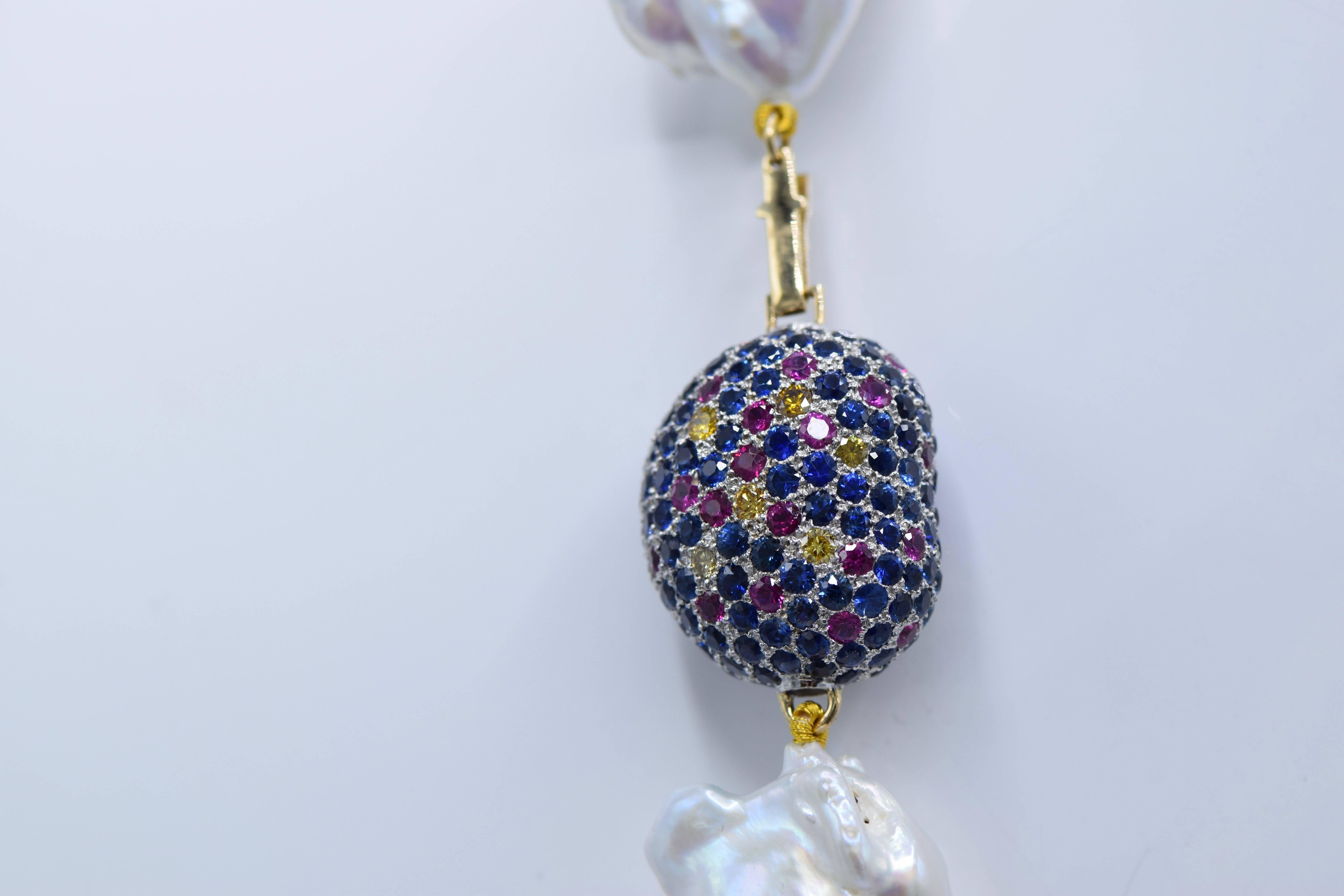 Baroque South Sea Cultured Pearl, Sapphire, Ruby and Colored Necklace In Excellent Condition In New York, NY
