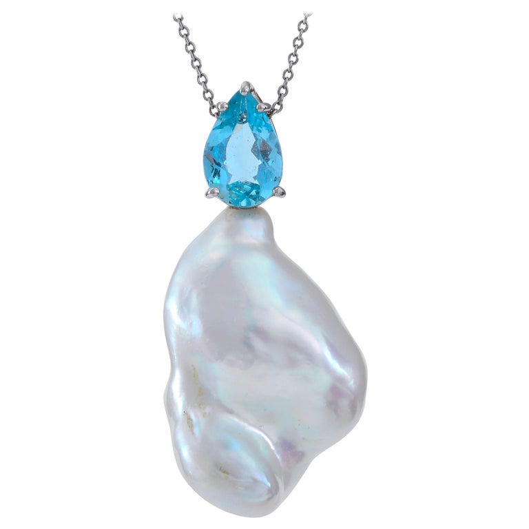 Baroque South Sea Cultured Pearl with Aquamarine Pendant For Sale at ...