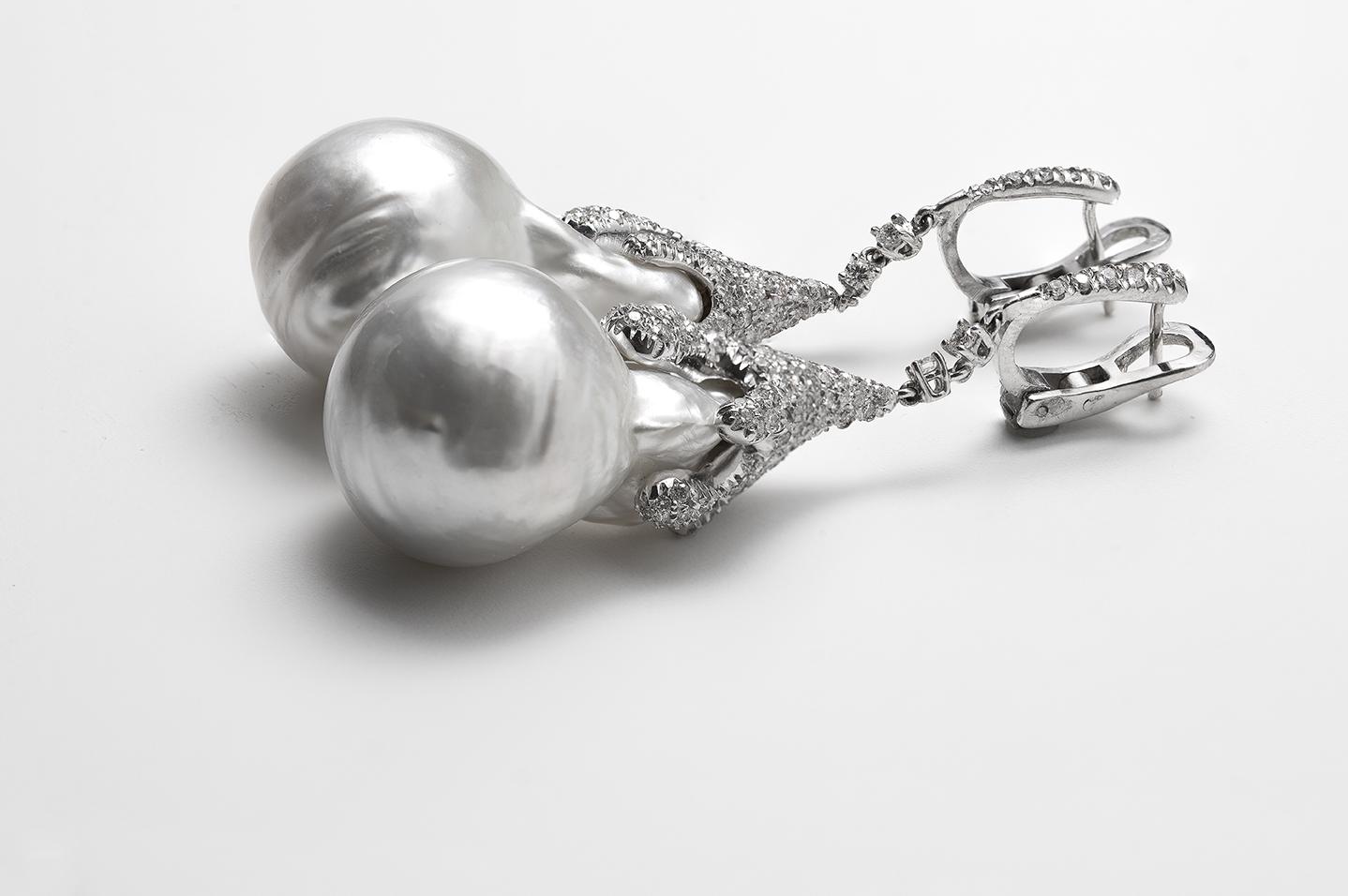 Contemporary Baroque South Sea Pearl 18 Karat White Gold Diamond Drop Earrings For Sale