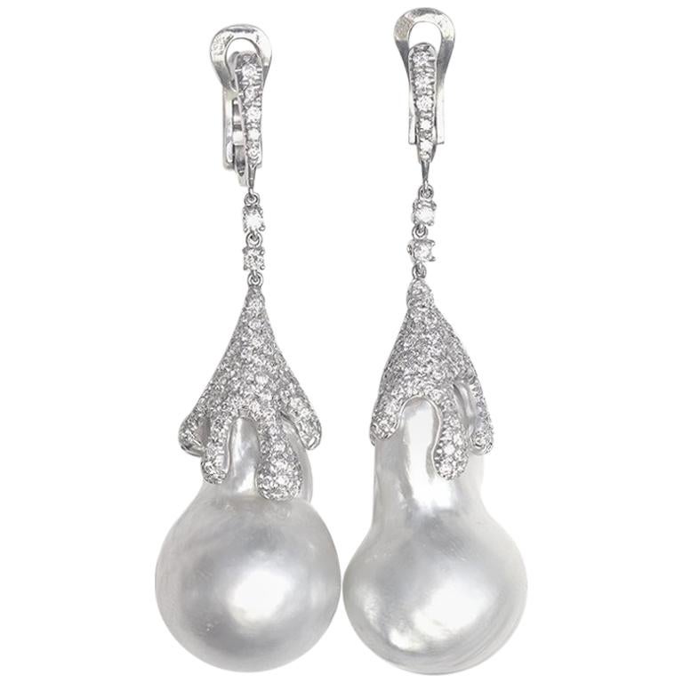Baroque South Sea Pearl 18 Karat White Gold Diamond Drop Earrings For Sale