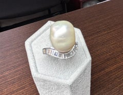 Baroque South Sea Pearl and Baguette cut diamond Ring set in Platinum