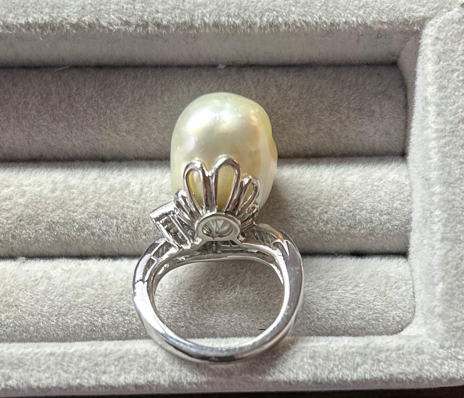 Women's Baroque South Sea Pearl and Baguette cut diamond Ring set in Platinum For Sale