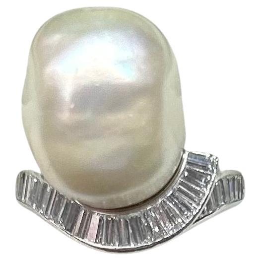 Baroque South Sea Pearl and Baguette cut diamond Ring set in Platinum For Sale