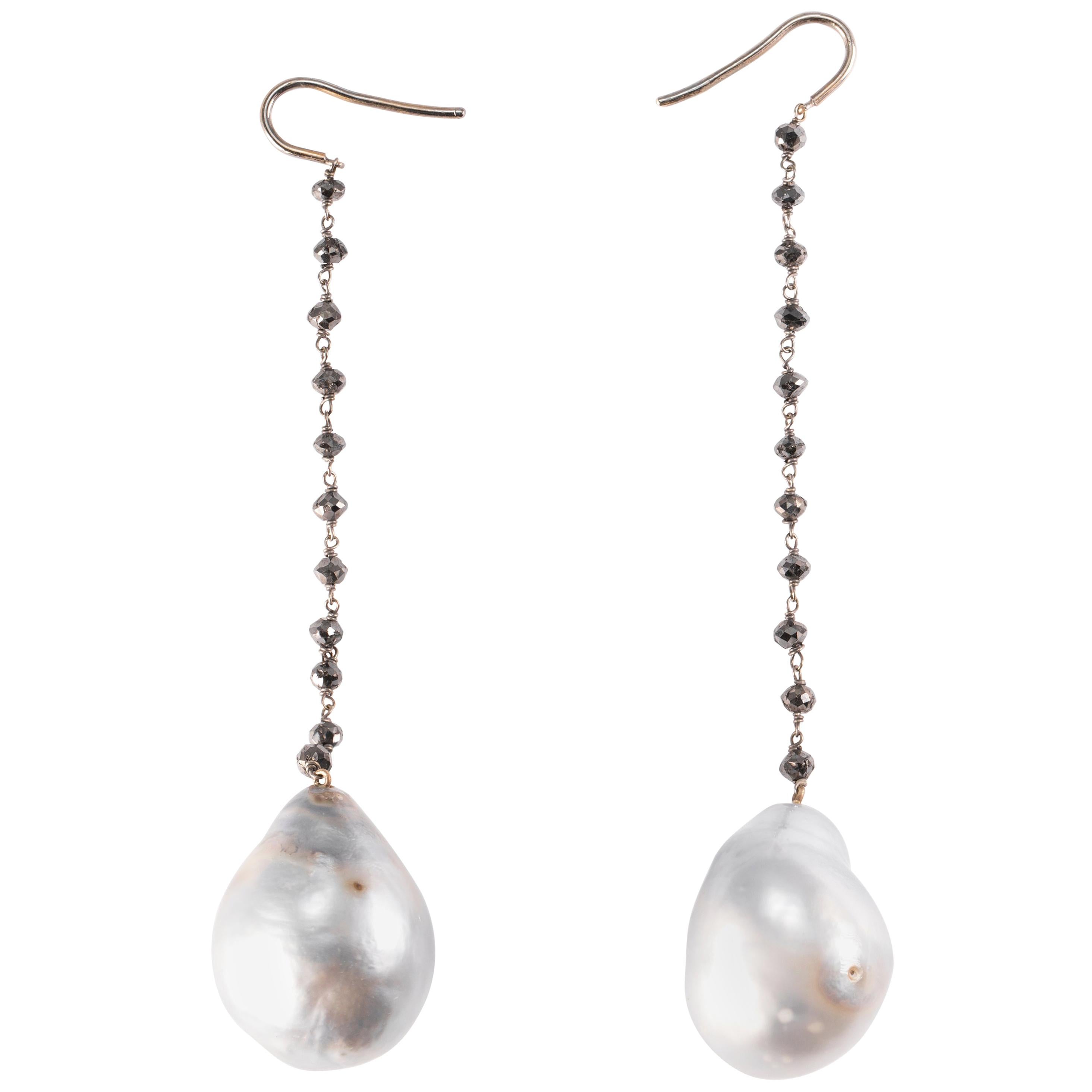 Baroque South Sea Pearl and Black Diamond Drop Earrings For Sale