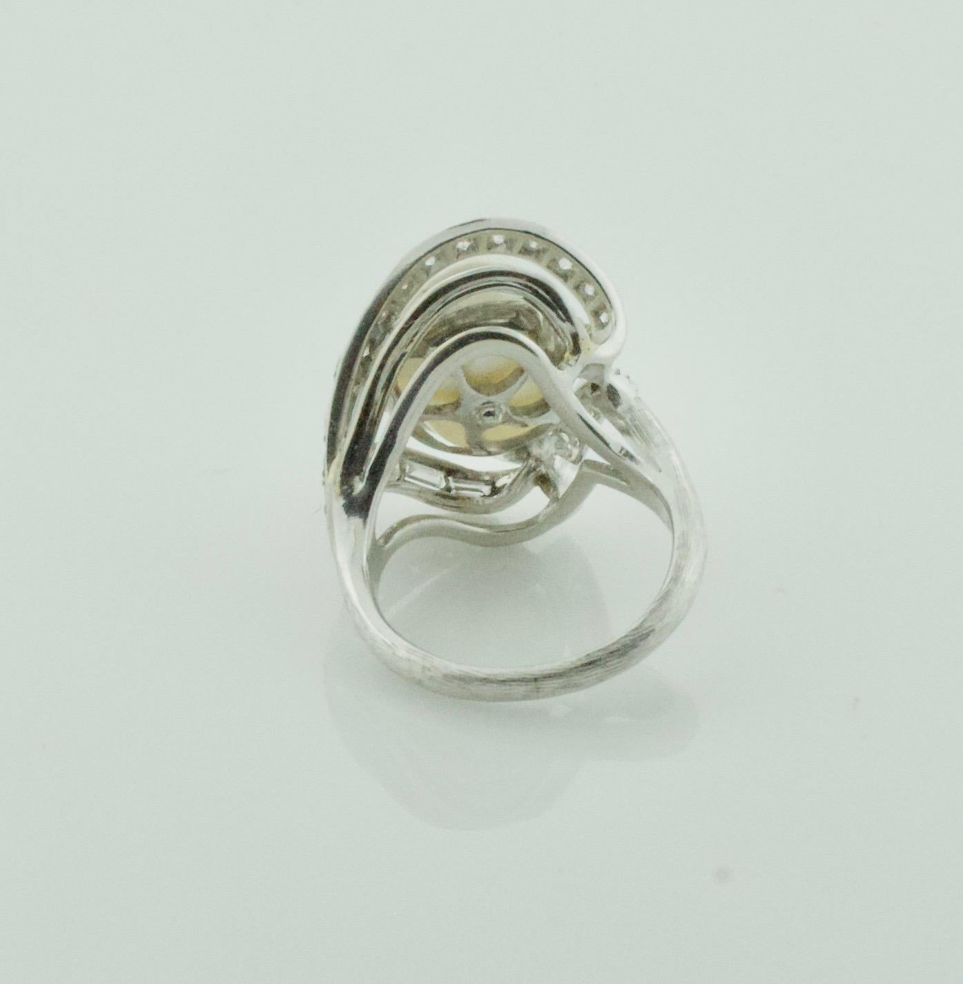 Baguette Cut Baroque South Sea Pearl and Diamond Ring in White Gold, circa 1960s For Sale