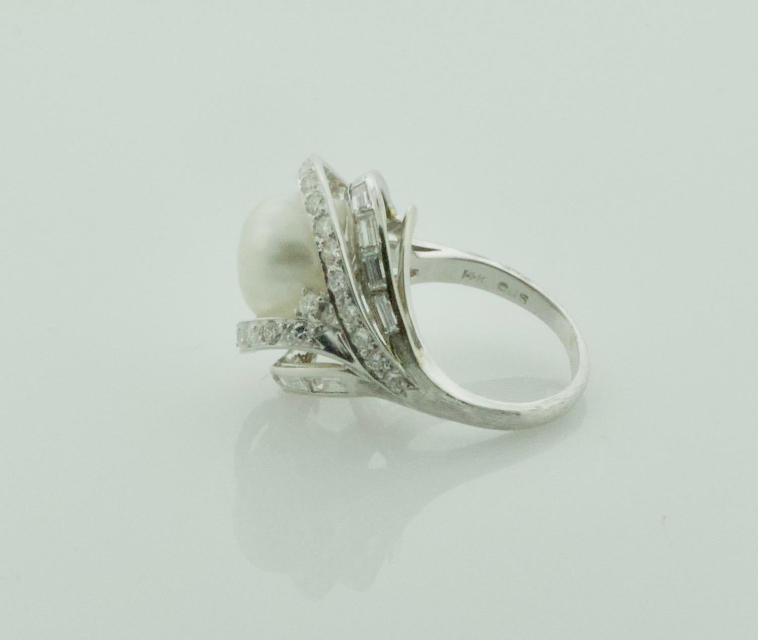 Women's or Men's Baroque South Sea Pearl and Diamond Ring in White Gold, circa 1960s For Sale