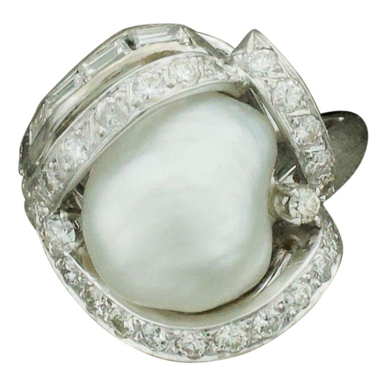 Baroque South Sea Pearl and Diamond Ring in White Gold, circa 1960s For Sale