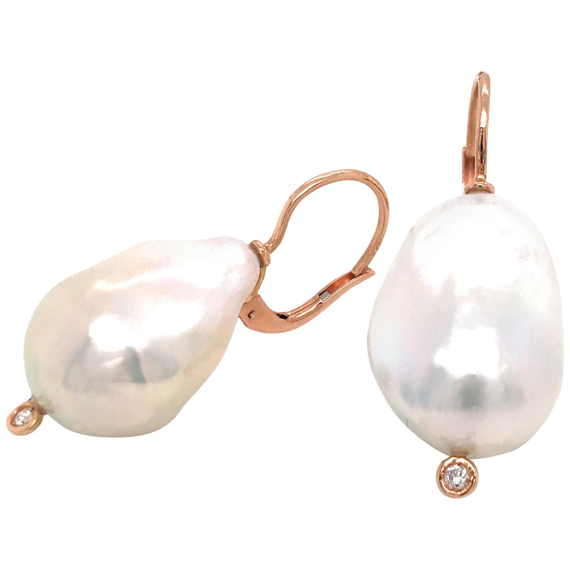 Baroque South Sea Pearl and Diamond with Yellow Gold 18 Karat Drop Earrings 