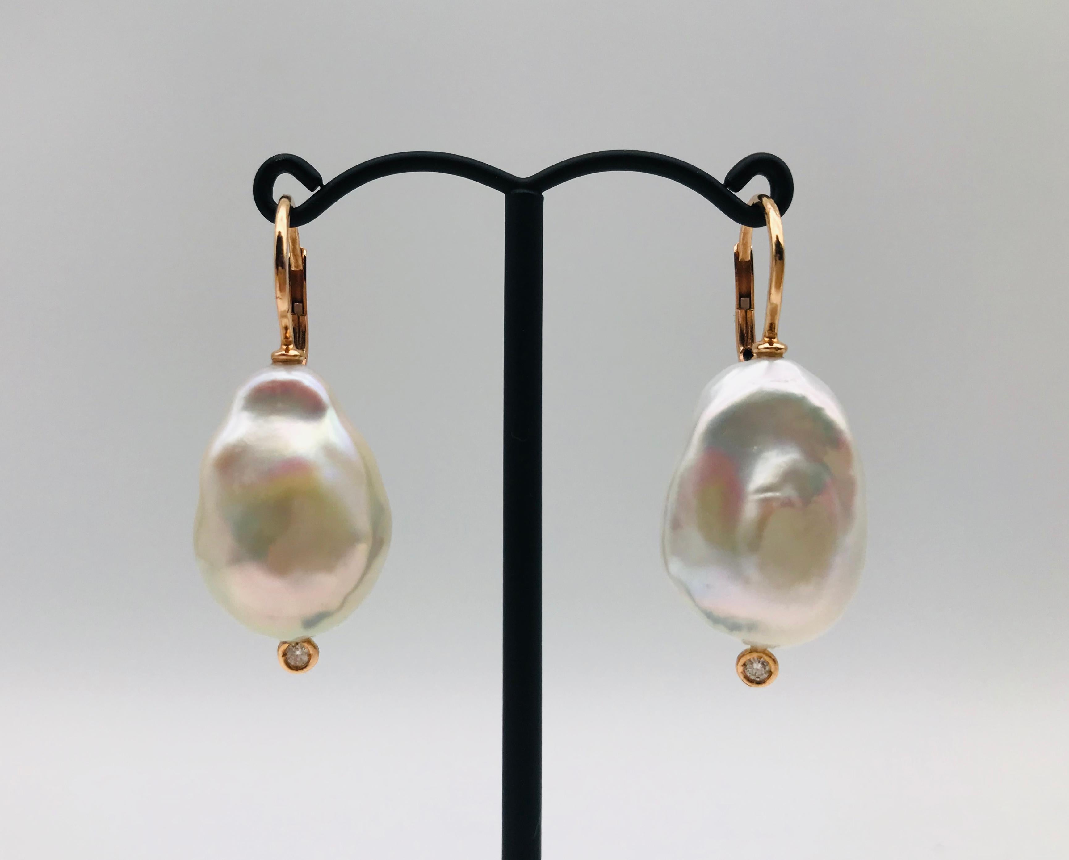 Women's or Men's Baroque South Sea Pearl and Diamond with Yellow Gold 18 Karat Drop Earrings 