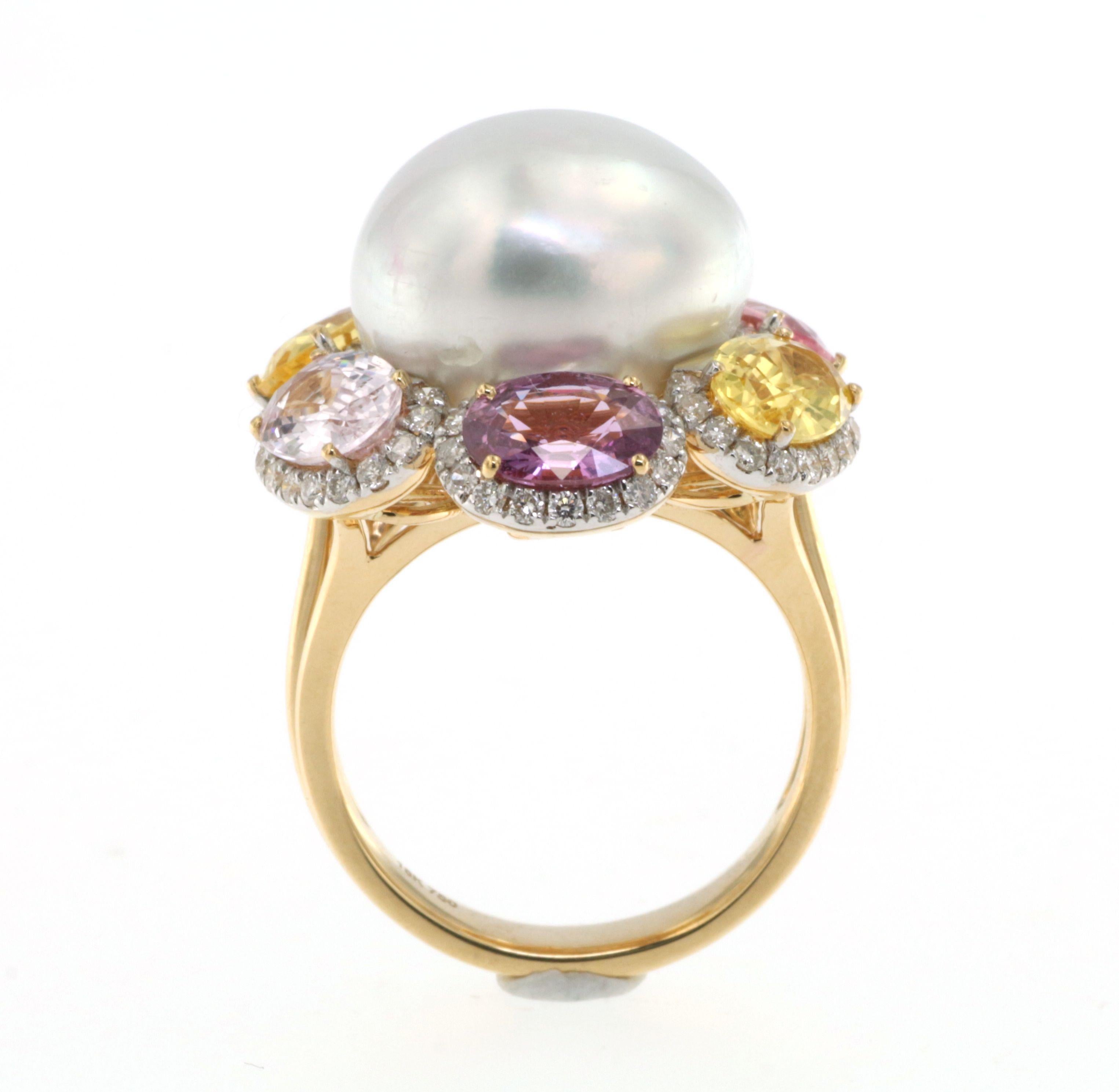 Artisan Baroque South Sea Pearl and Multi Color Sapphire Cocktail Ring in 18K White Gold