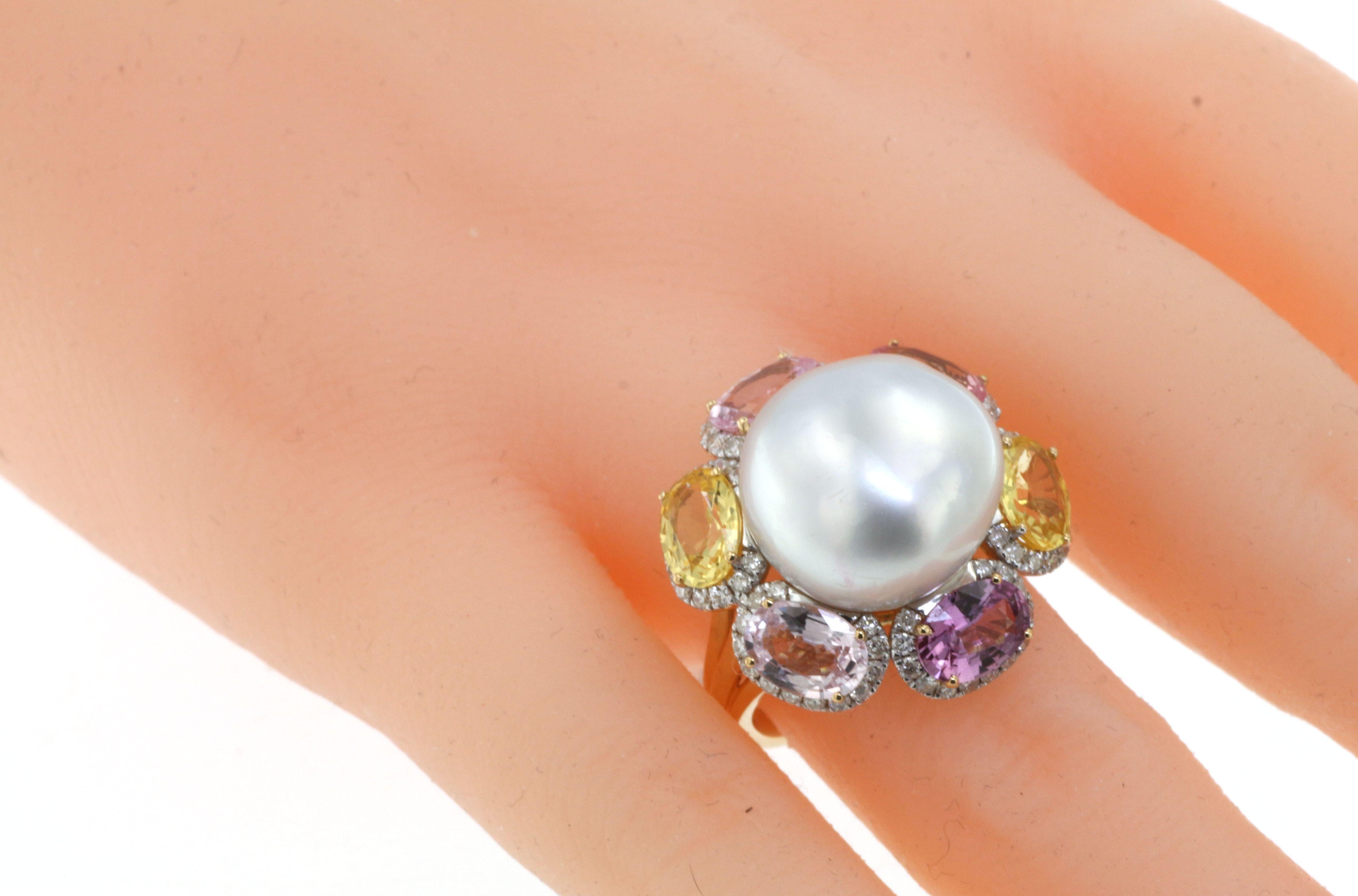 Bead Baroque South Sea Pearl and Multi Color Sapphire Cocktail Ring in 18K White Gold