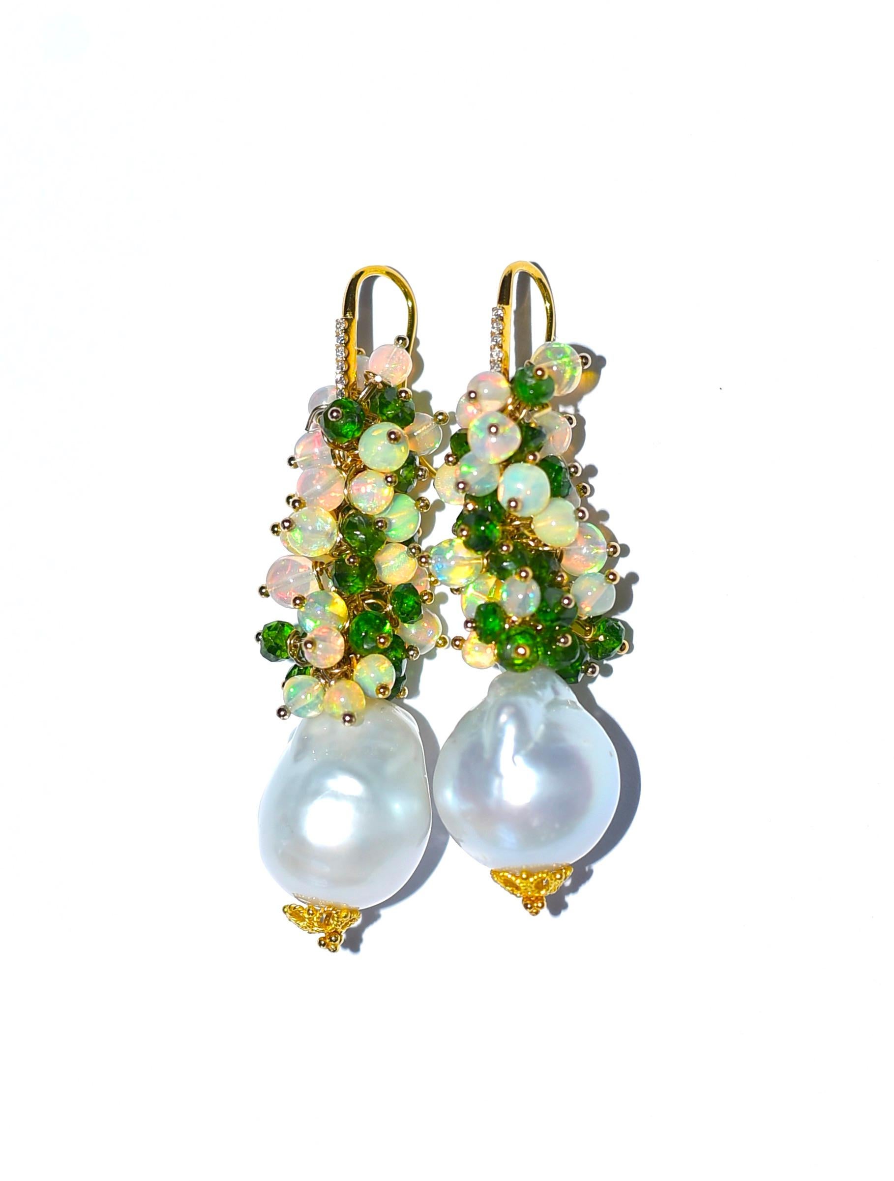 Artisan Baroque South Sea Pearl, Chrome Diopside, Opal Earrings 14K Gold For Sale