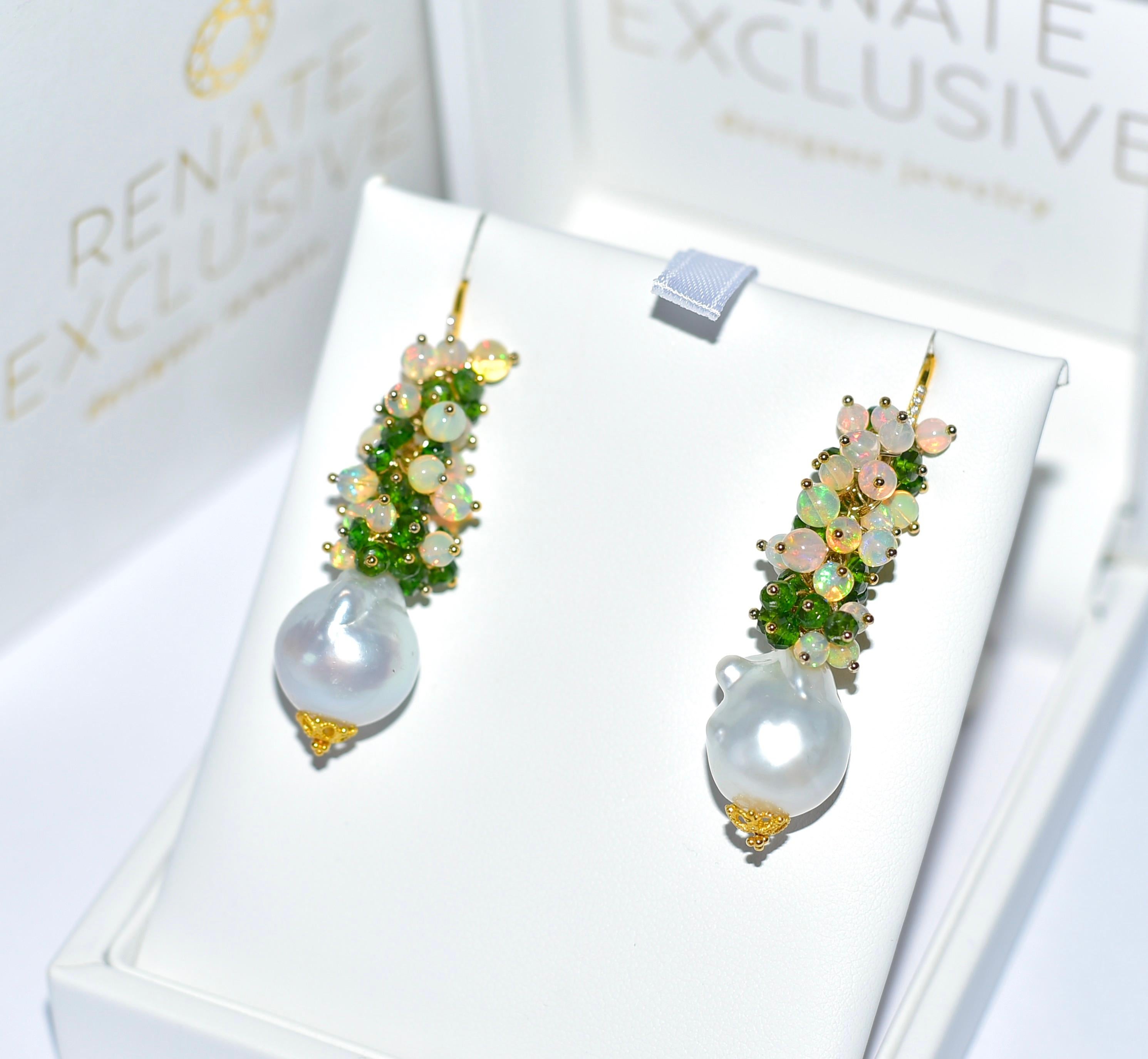 Bead Baroque South Sea Pearl, Chrome Diopside, Opal Earrings 14K Gold For Sale